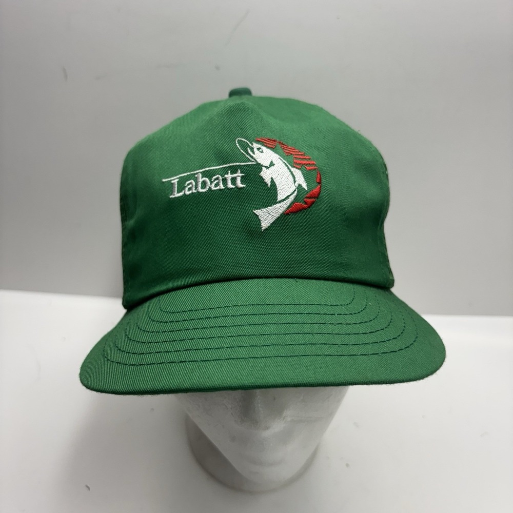 Vintage Labatt Beer Fishing Trout Trucker Hat Green Mesh Snapback Canada 80s 90s
